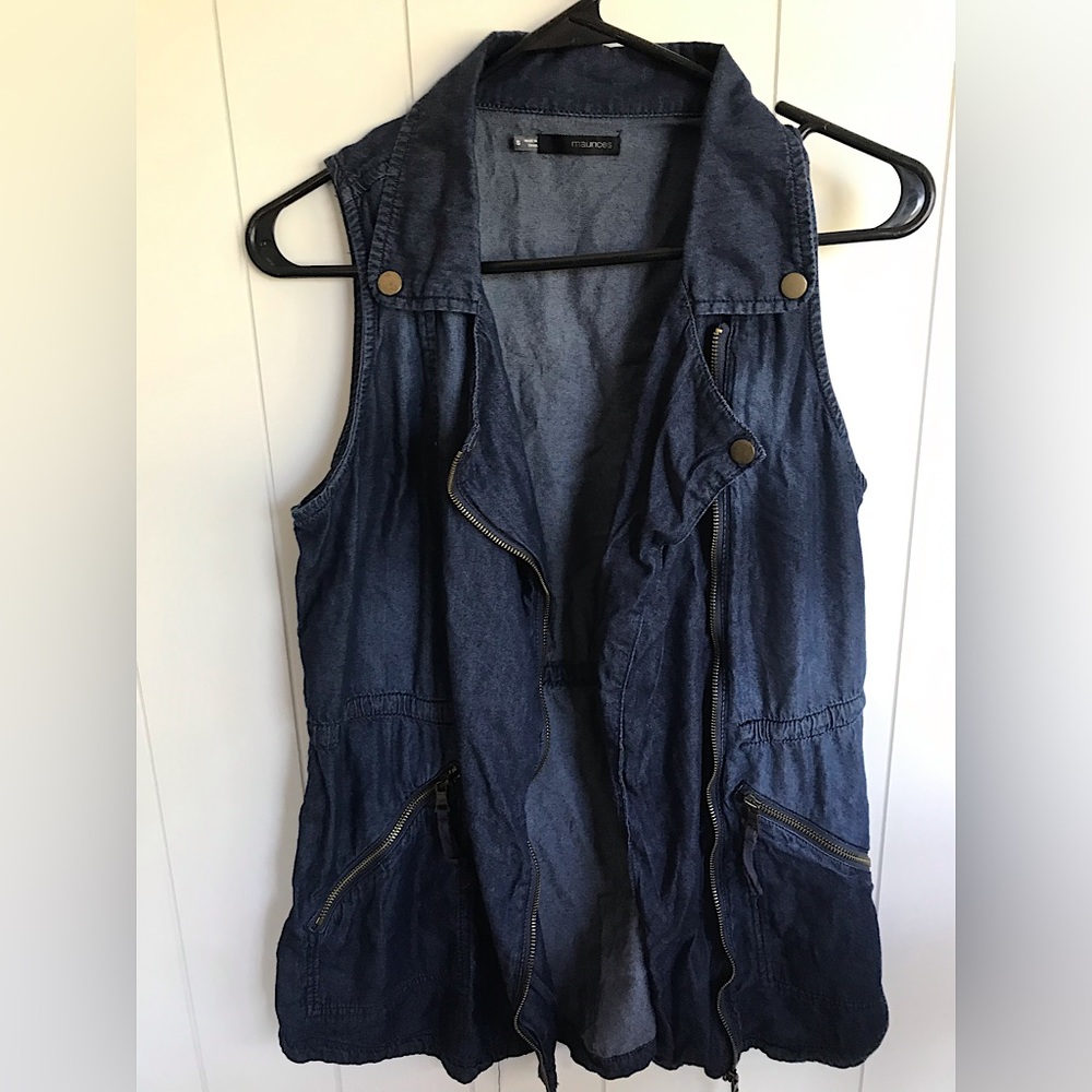 Maurice’s denim vest with zipper and draw string waist, light weight soft denim
